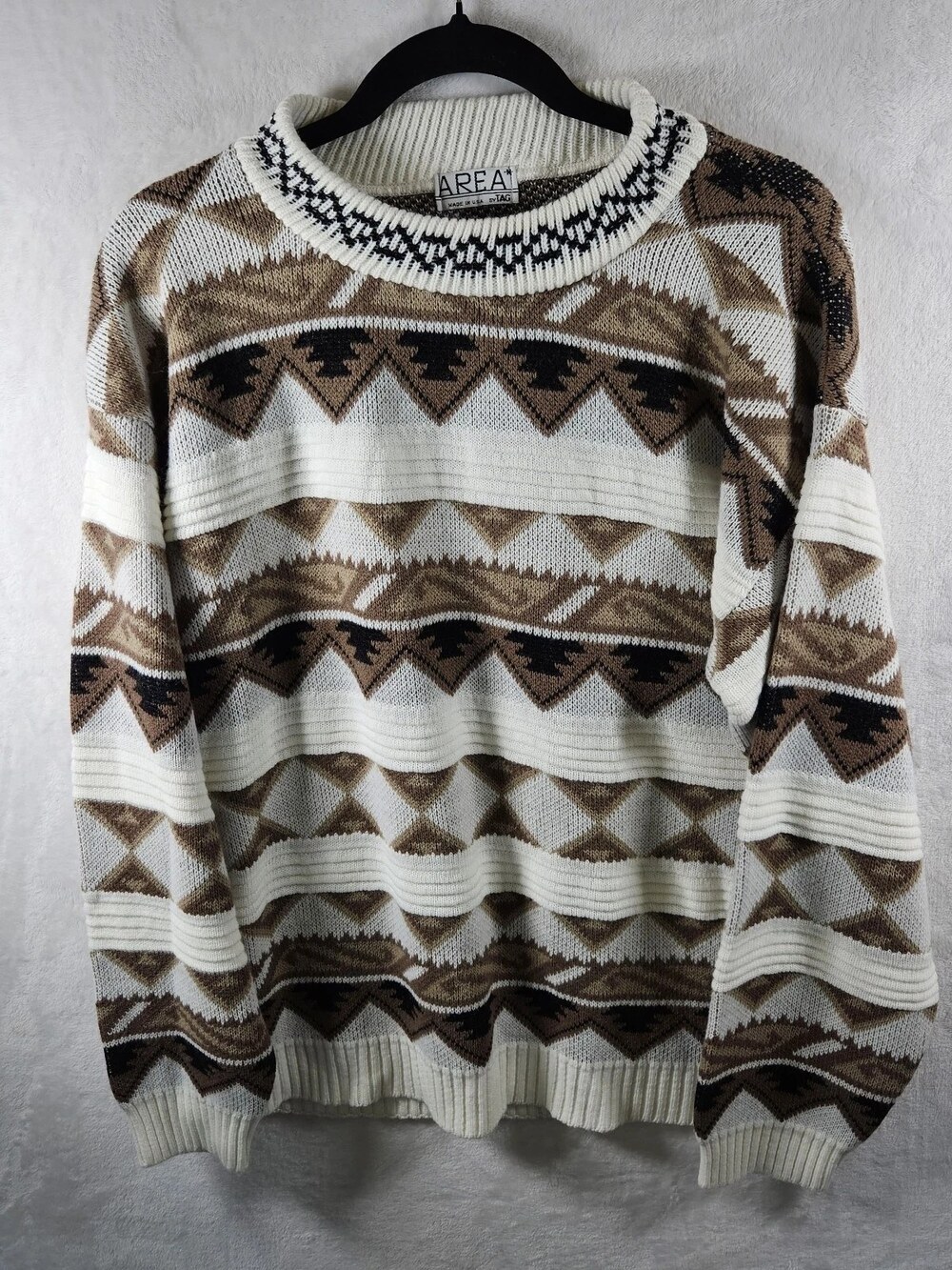 Vintage 90s Area by TAG Crewneck Sweater Aztec Geometric Cream Brown Mens Medium